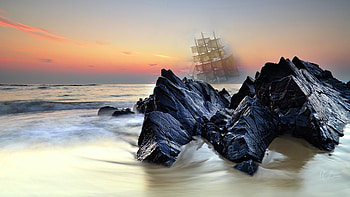Ghost Ship Sea Collage, sea, ship, rocks, beach, collage, tall ship, ghost, sailing ship, sunset HD wallpaper