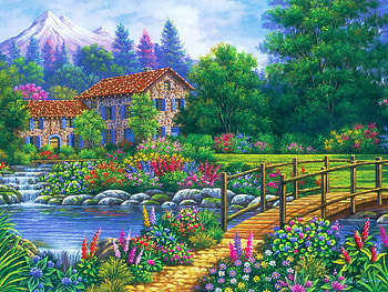 Cascade House, artwork, river, painting, bridge, trees, flowers, stones HD wallpaper