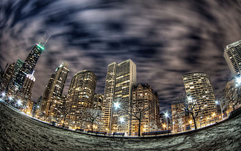 Cities, Building, Lights, Night City, Skyscrapers, Chicago, Fish Eye HD wallpaper