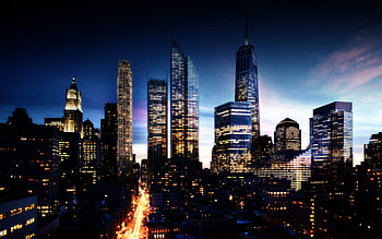 New York, skyscrapers, evening, sunset, World Trade Center 1, New York cityscape, New York evening, USA HD wallpaper