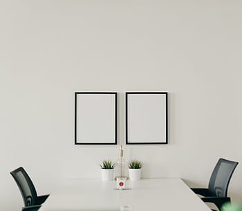 Elegant minimalist home office with white desk, black chairs, and decorative plants, emphasizing simplicity. HD wallpaper