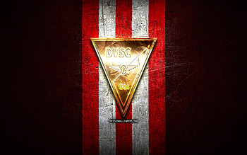 Debrecen FC, golden logo, OTP Bank Liga, red metal background, football, hungarian football club, Debrecen FC logo, Hungary, Debreceni VSC HD wallpaper