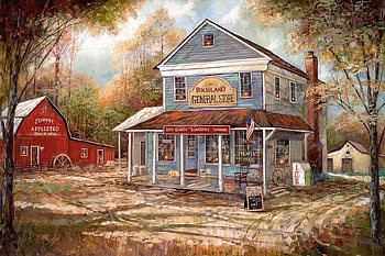 Johnny Appleseed, artwork, barn, painting, house, vintage HD wallpaper