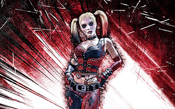Harley Quinn, grunge art, Batman Arkham City, artwork, purple abstract rays, supervillain, Harley Quinn HD wallpaper