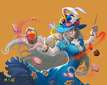 Witch, blue, girl, shaobing wang, bunny, fantasy, yellow, game, luminos, easter, hat HD wallpaper