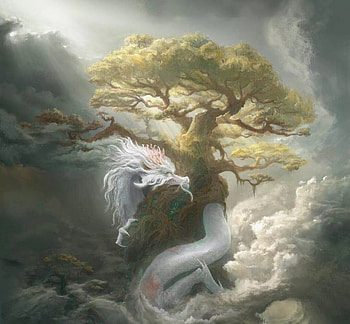 Dragon, white, art, fantasy, luminos, lanren1994, tree, cloud, green HD wallpaper