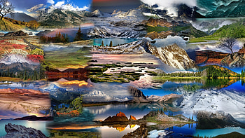 Mountains & Lakes Collage, lakes, Firefox theme, clouds, trees, sky, mountains, forest, collage HD wallpaper