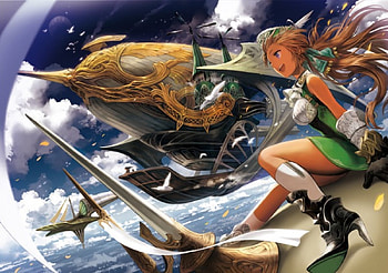 Airships On Parade, girl, gloves, long hair, airships, ponytail, anime, petals, clouds, brown hair, sky HD wallpaper