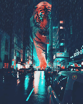 Art, Night City, Neon, Tiger, Street, Giant HD phone wallpaper