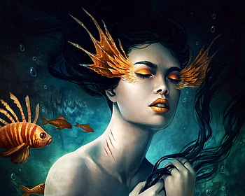 Mermaid, blue, luminso, art, jojoesart, girl, orange, summer, fantasy, fish, water HD wallpaper