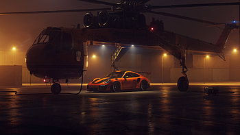 Porsche GT2RS With Helicopter, porsche-911-gt2-r, porsche-911, porsche, cars, 2018-cars, artist, behance HD wallpaper