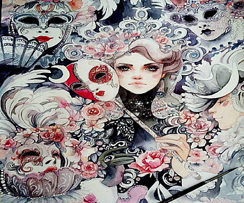 Lady Of Many Faces, Mask, Hand Fans, Woman, Faces, Lady, Fantasy HD wallpaper