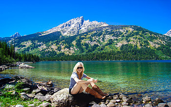 Life Here, cowgirls, blondes, boots, lake, mountains HD wallpaper