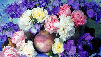 Beautiful Flowers, purple, peonies, painting, vase, flowers HD wallpaper