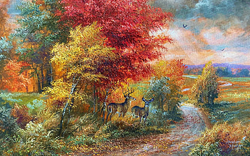 A Road Home, deer, artwork, painting, trees, colors, autumn HD wallpaper