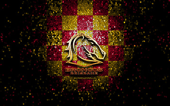Brisbane Broncos, glitter logo, NRL, red yellow checkered background, rugby, australian rugby club, Brisbane Broncos logo, mosaic art, National Rugby League HD wallpaper
