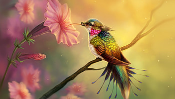 Hummingbird, pink, humming-bird, bird, fantasy, flower, pasare, luminos HD wallpaper