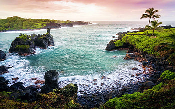 Sunset at Wai'ānapanapa state park, Maui, Hawaii, usa, coast, sea, trees, sky, rocks HD wallpaper