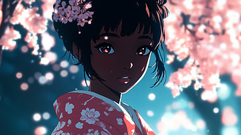 Stunning Ultra of a Black Anime Girl in Blooming Cherry Blossoms, Anime, black anime girl, girl, kimono, cherry blossom, anime girl HD wallpaper