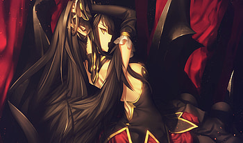 Assassin in Red, black, feathers, long hair, dress, beauty, golden, wings, sweet, girl, gloves, beautiful, black hair, anime girl, anime, pretty, red, lovely HD wallpaper