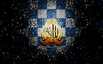 Kataller Toyama FC, glitter logo, J3 League, blue white checkered background, soccer, japanese football club, Kataller Toyama logo, mosaic art, football, FC Kataller Toyama HD wallpaper