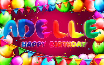 Happy Birtay Adelle, , colorful balloon frame, Adelle name, purple background, Adelle Happy Birtay, Adelle Birtay, popular german female names, Birtay concept, Adelle HD wallpaper