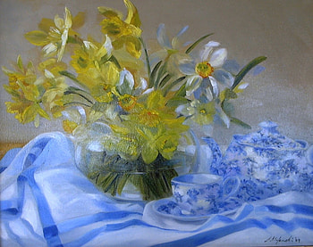 Daffodil Break, blue, daffodils, vase, glass, cloth, cup, saucer HD wallpaper