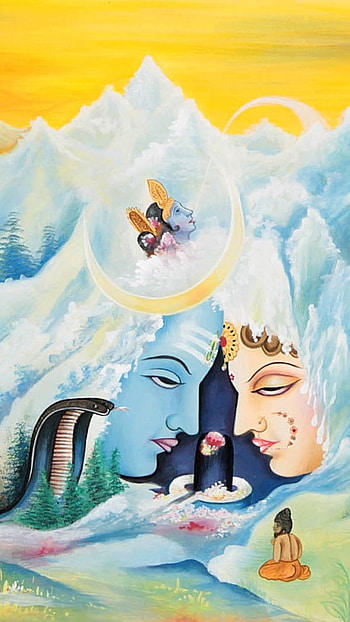 Sivan Parvathi, Himalaya, painting HD phone wallpaper