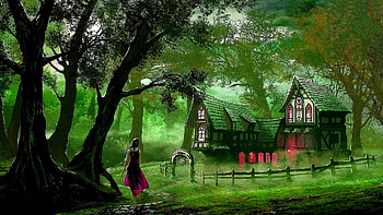 Magical colors, mystic, colorful, magic, color, house, colors, girl, beautiful, fantasy, pretty, green, view, nature, splendor, forest HD wallpaper