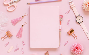 pink notebook, template for fashion quote, cosmetics, notepad, quote background, womens things HD wallpaper