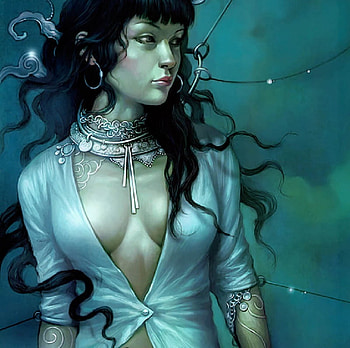 Bound in Blue, blue, fantasy, tethered, necklace, oriental, female HD wallpaper