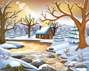 Winter, river, snow, house, tree HD wallpaper