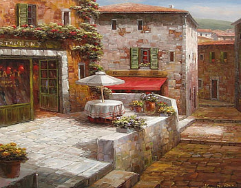 Cafe, umbrella, windows, steps, table cloth, houses, inn, door, vines, flowers, bricks, patio table, village HD wallpaper