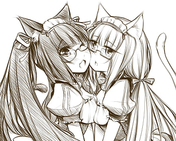Nekopara, Vanilla (Nekopara), Anime, Animal Ears, Blush, Chocola (Nekopara), Glasses, Long Hair, Maid, Sketch, Tail HD wallpaper