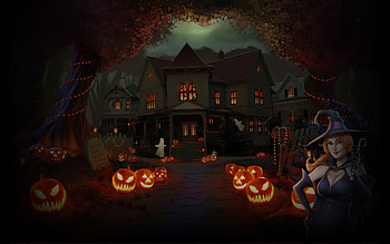 Haunted House, ghosts, lanterns, sidewalk, lightposts, houses, walkway, witch, pumpkins, halloween, jack o lanterns, fence, trees, bats, hat, tombstone, Fall, Autumn, gravestone, shull, lights, candy cane HD wallpaper