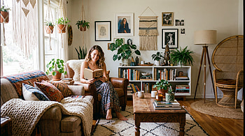 Boho Bliss - Bohemian Interior, Living Room, Sofa, Houseplant, Bookshelf HD wallpaper