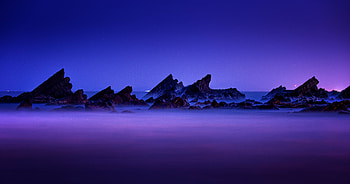 Rocks, cost, bluish sky, fog, Taiwan HD wallpaper