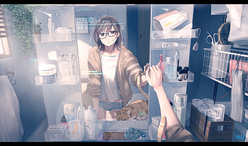 Bathroom, anime girl, reflections, mirror, original HD wallpaper
