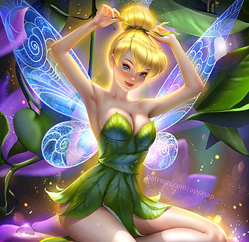 Tinker Bell, green, ayyasap, luminos, girl, wings, blue, blonde, fairy, fantasy, yellow HD wallpaper