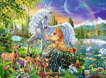 Paradise Valley, rabbits, girl, artwork, swans, painting, animals, deer, unicorn, flowers, princess, mountains, squirrel HD wallpaper