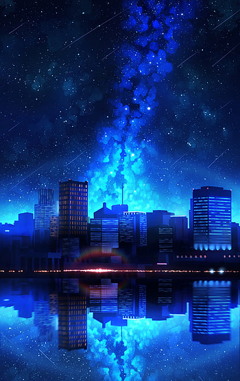 Water, Art, Night, City, Reflection, Starry Sky HD phone wallpaper