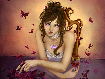 Butterfly girl, butterflies, butterfly, fantasy, red, girl, purple eyes, wine HD wallpaper