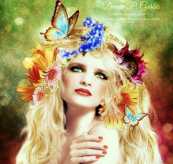 ~Flower Lady~, colors, beautiful girls, digital art, butterflies, lady, conceptual, lips, butterfly designs, eyes, weird things people wear, creative pre-made, love four seasons, fantasy, pretty, manipulation, models, girls, flowers, lovely, flowers in their hair, hair, flora HD wallpaper