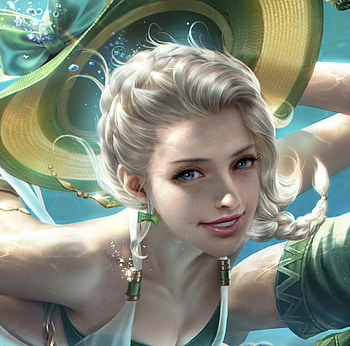 Underwater, jinxin, frumusete, blonde, jin xin, girl, summer, fantasy, green, yellow, luminos, water, vara, hat HD wallpaper