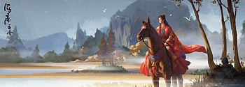 Princess, gorseous, frumusete, horse, art, asian, dandan lu, cal, superb, fantasy, red, luminos HD wallpaper