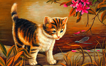 Cute cat, cartoons, animals, dragonfly, cute, cat HD wallpaper