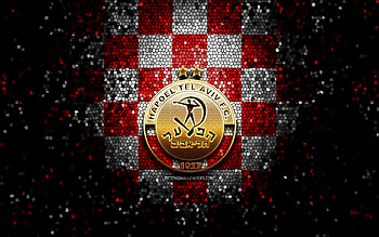 Hapoel Tel Aviv FC, glitter logo, Ligat ha Al, red white checkered background, soccer, Israeli football club, Hapoel Tel Aviv logo, mosaic art, football, Hapoel Tel Aviv, Israel HD wallpaper