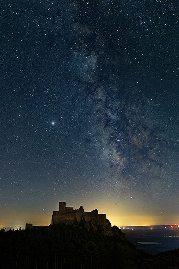 Night, Building, Dark, Starry Sky, Nebula HD phone wallpaper