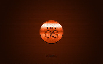 MacOS logo, orange shiny logo, MacOS metal emblem, orange carbon fiber texture, MacOS, brands, creative art HD wallpaper
