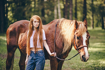 Friends, cowgirls, ranch, horses, woods, redhead HD wallpaper
